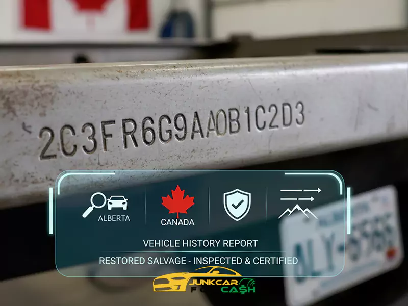 Close-up of a stamped VIN number on a metallic car part with an Alberta Canada license plate visible.