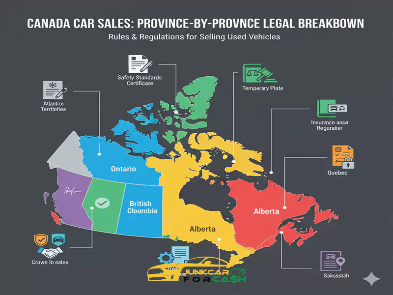 Infographic: Canada car sales legal breakdown map, provinces in colors with icons for regulations.