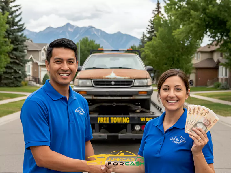 Cash for cars reps in Calgary shake hands; woman holds cash, old car on tow truck. Mountains visible.