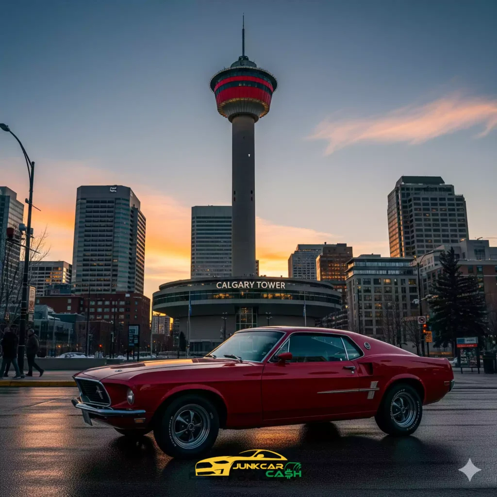 A vintage cherry-red Ford Mustang parked in front of the Calgary Tower at sunset, with the downtown skyline in the background.