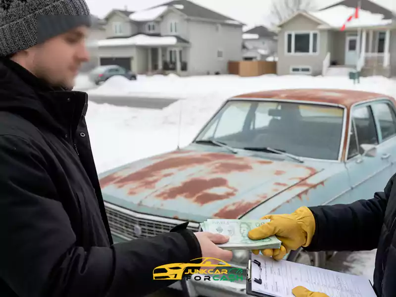 Person receiving cash for a rusted blue junk car in a snowy Canadian suburb.