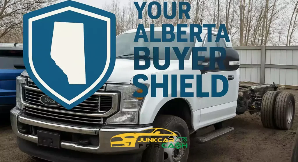 White Ford Super Duty on a dirt lot with a blue shield logo and text "Your Alberta Buyer Shield.