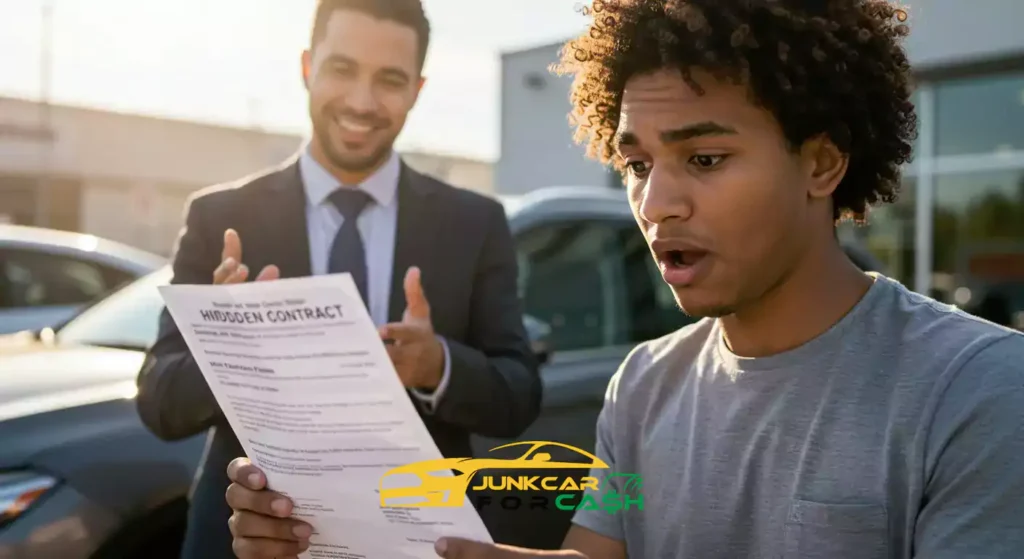 Man shocked by hidden Fees when buying a used car from a smiling car salesman claps in a sunny dealership lot.