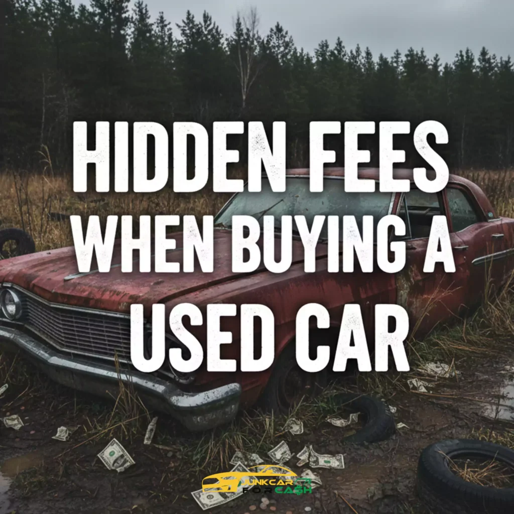 A rusty junk car in a muddy field with money scattered around, text "Hidden Fees When Buying a Used Car.