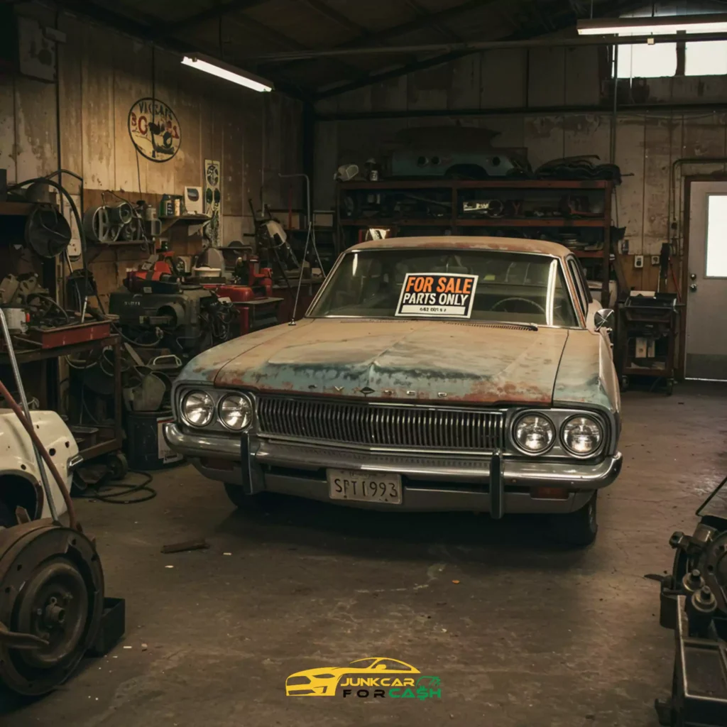 Old, rusty car in a cluttered garage with a "FOR SALE PARTS ONLY" sign on the windshield.