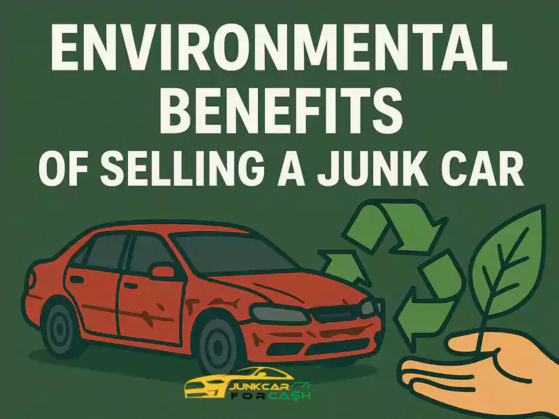 Graphic showing "ENVIRONMENTAL BENEFITS OF SELLING A JUNK CAR" with a car, recycling symbol, and leaves