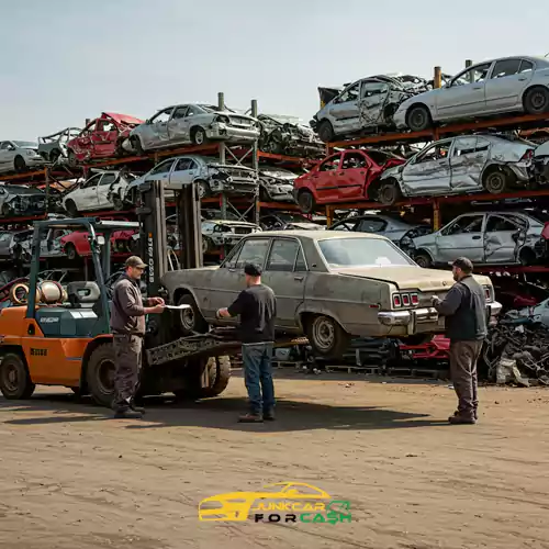 Workers using a forklift to move a rusted car at a junkyard filled with stacked wreckage.