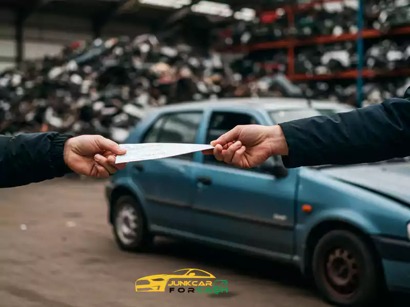 Two hands exchanging a paper document over a light blue car in a junkyard.
Selling a Car to a Junkyard
