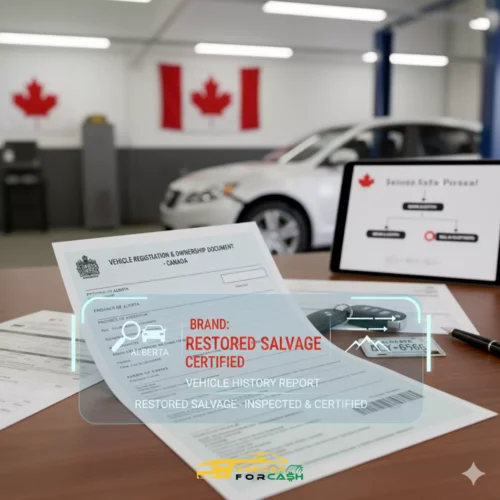 Restored salvage Title in Canada, Alberta Canada plate, key fob, and tablet in a bright garage.