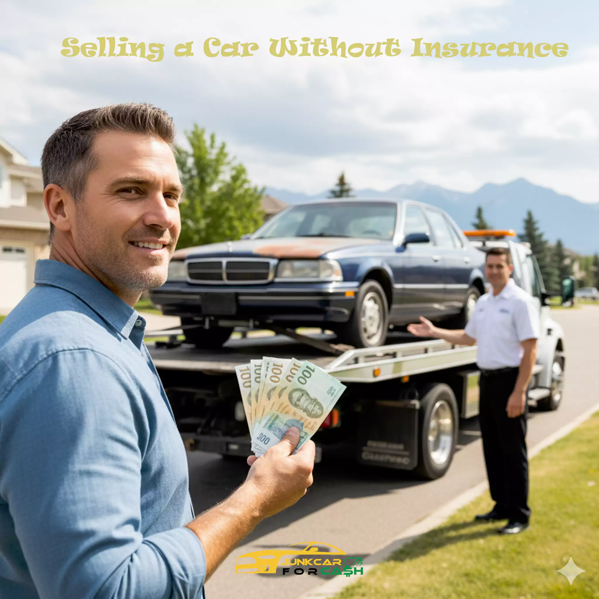 Happy man holds cash, old car on tow truck. Rep points. Calgary neighborhood, mountains. "Selling a Car Without Insurance.