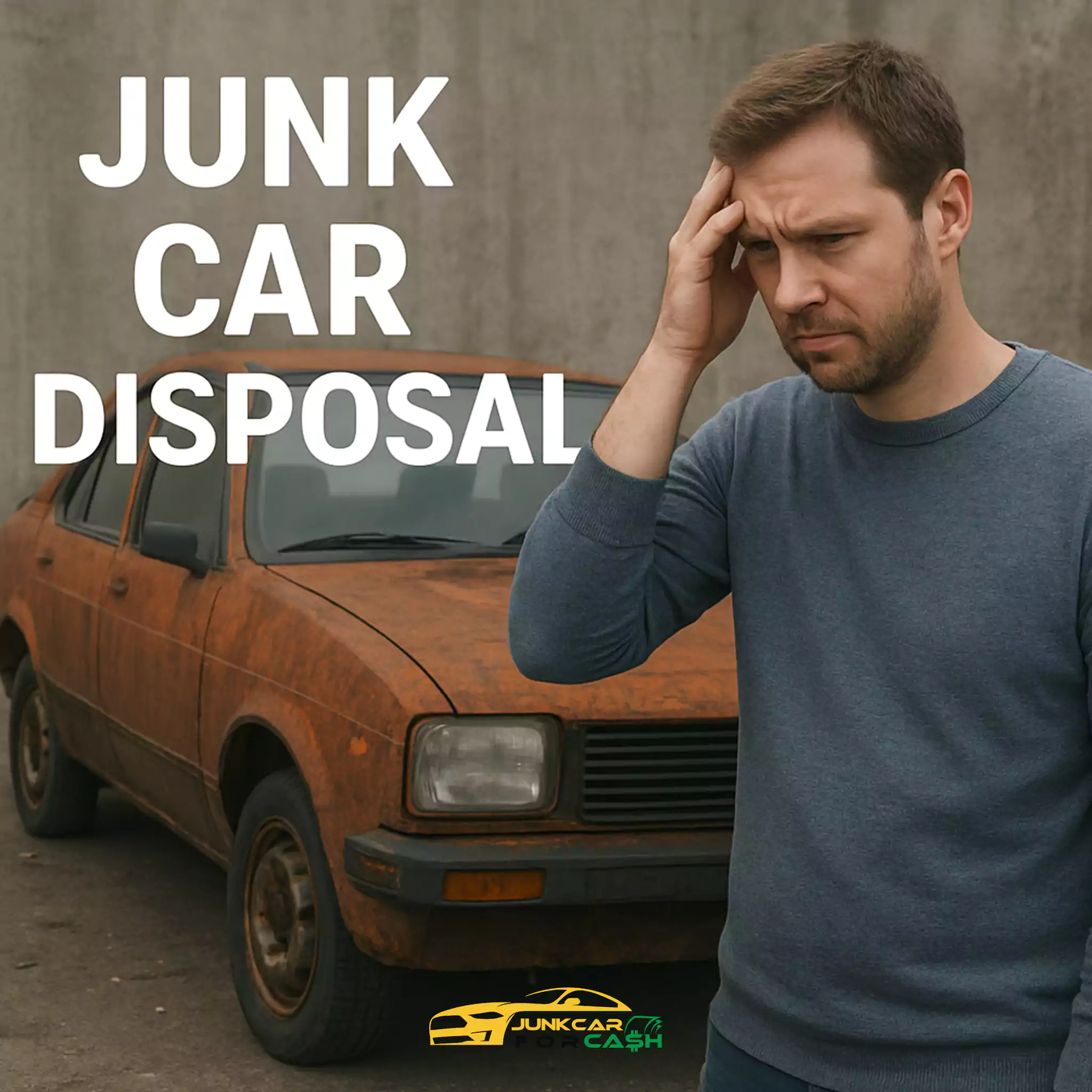 A worried man stands next to a rusty, old car with "Junk Car Disposal" text.