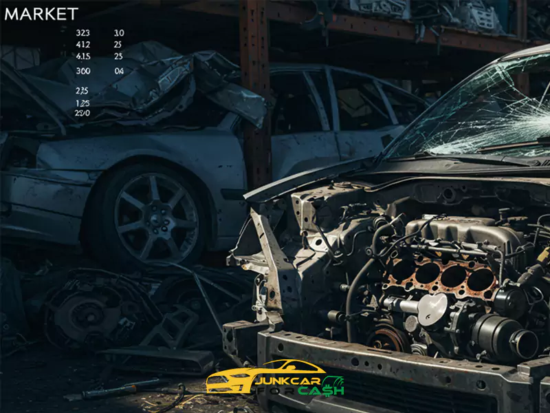 Car salvage yard with a close-up on a car's engine; text and a "Junk Car for Cash" logo.