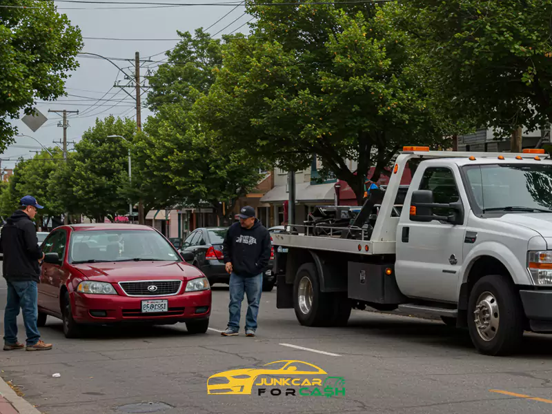 A red sedan is being towed by a white tow truck on a city street with green trees.