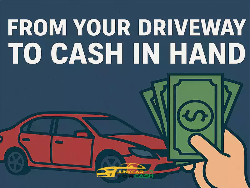 Graphic shows "FROM YOUR DRIVEWAY TO CASH IN HAND" with a red car, hand holding money.