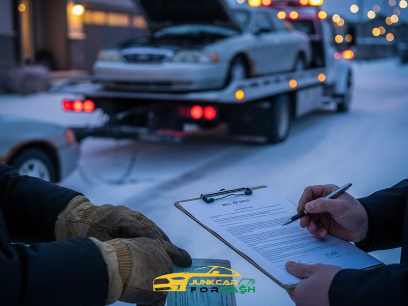 Two individuals completing a “BILL OF SALE” document on clipboard in snowy residential setting; damaged car being towed on flatbed in background.