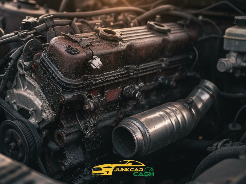 Close-up of inline-four engine inside car’s bay showing valve cover, spark plug holes, exhaust manifold, and catalytic converter; surfaces show wear and corrosion under dramatic lighting.