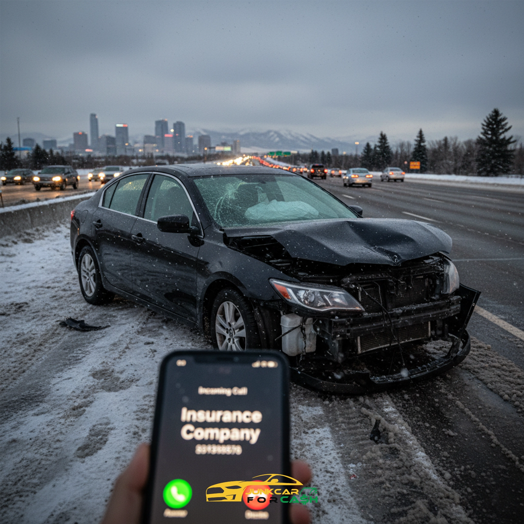 Black sedan with severe front-end damage parked on snowy highway shoulder; hand in foreground holds smartphone showing incoming call from “Insurance Company,” with city skyline and traffic visible under cloudy sky.