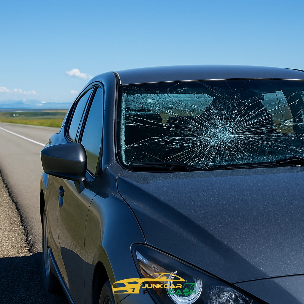Gray Ford Fiesta with extensive crack radiating from impact point on driver’s side windshield, parked on rural roadside with grassy fields and clear blue sky in background.