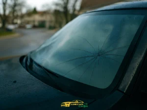 Windshield of dark-colored car with prominent crack radiating from central impact point; water droplets on glass suggest recent rain, with residential street, houses, and trees blurred in background.