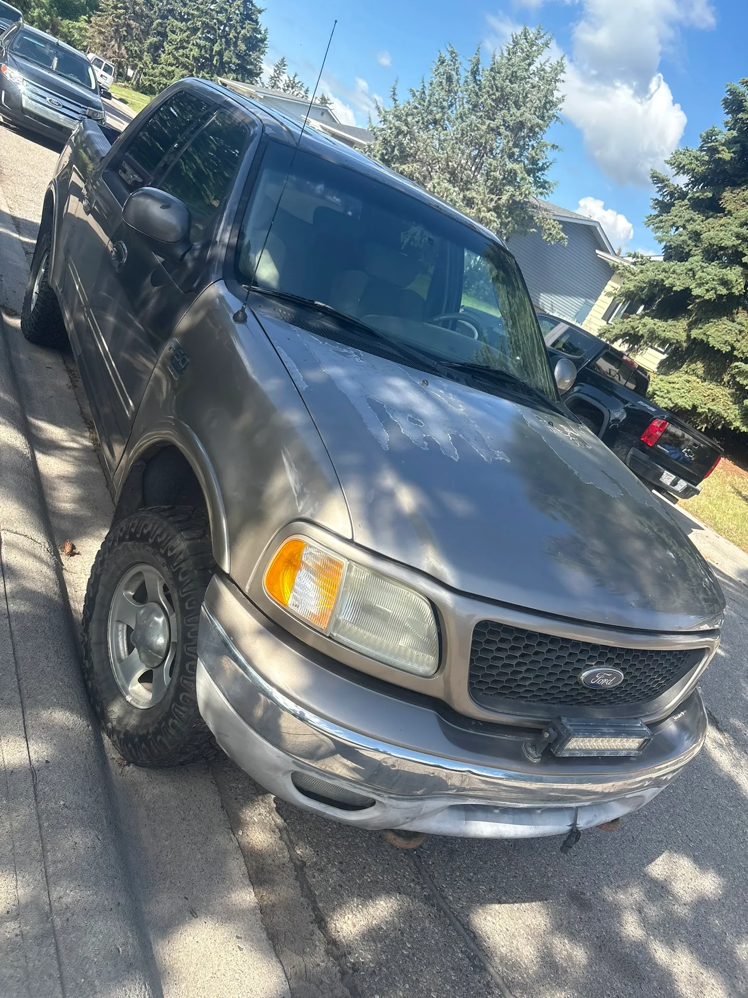 Gray Ford pickup truck with faded hood and off-road tires parked on residential street; light bar on bumper, suburban houses and trees in background.