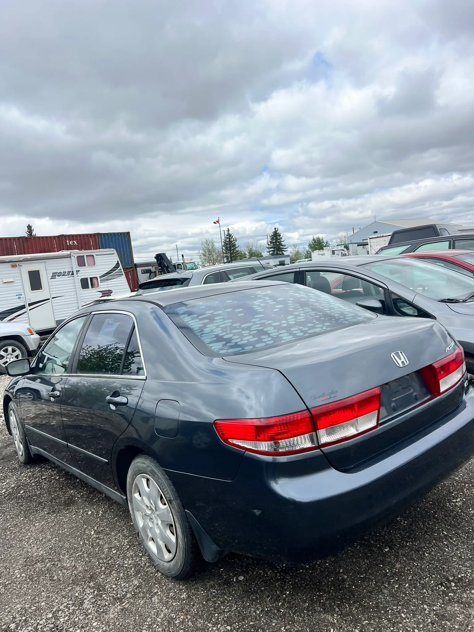 Dark blue Honda sedan with illuminated rear lights parked in lot beside other vehicles; rear-left view shows Honda emblem, white RV, and cloudy sky in background.