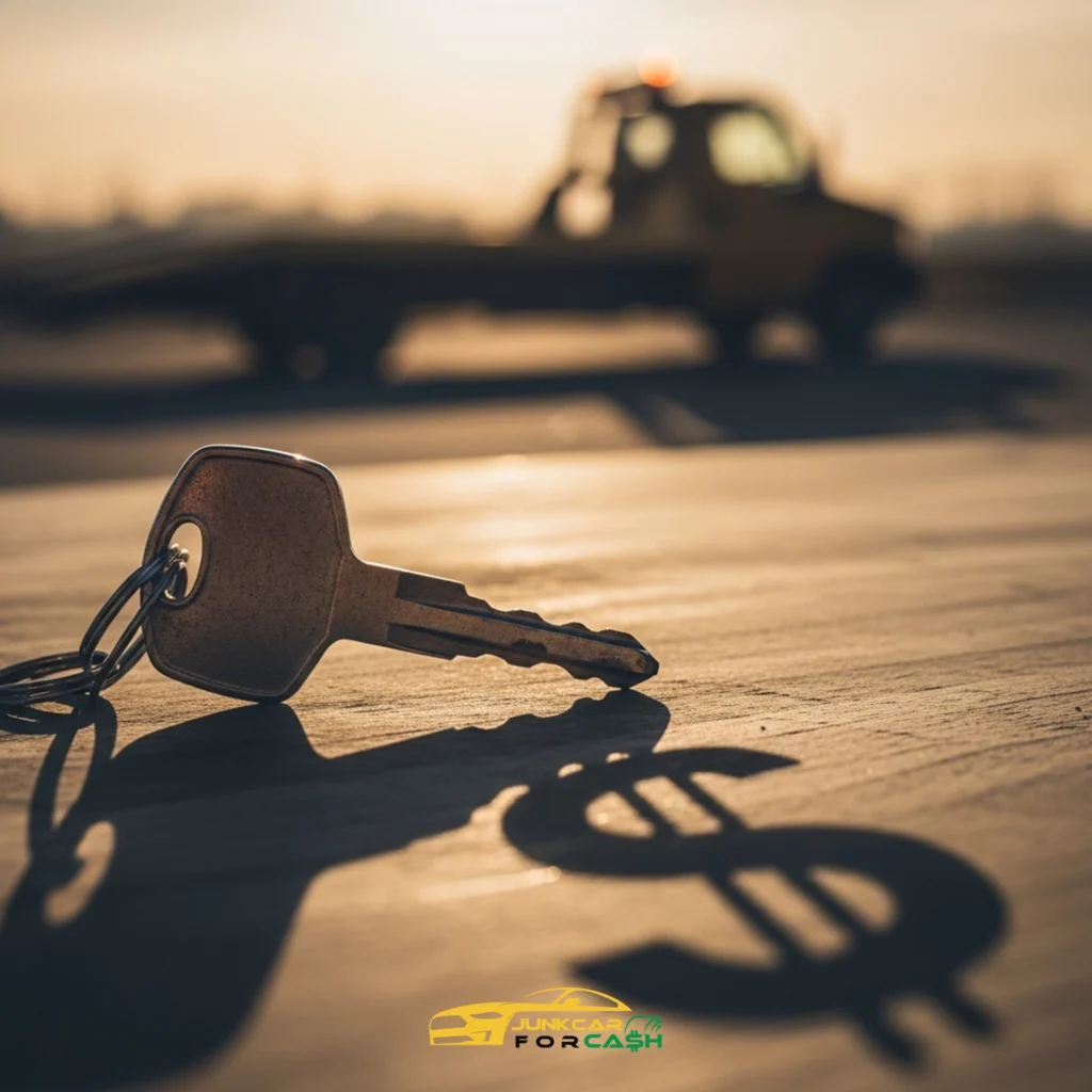 Close-up of car key on wooden surface with dramatic lighting casting a dollar sign-shaped shadow; blurred tow truck in background suggests financial implications of vehicle ownership, repossession, or sale.