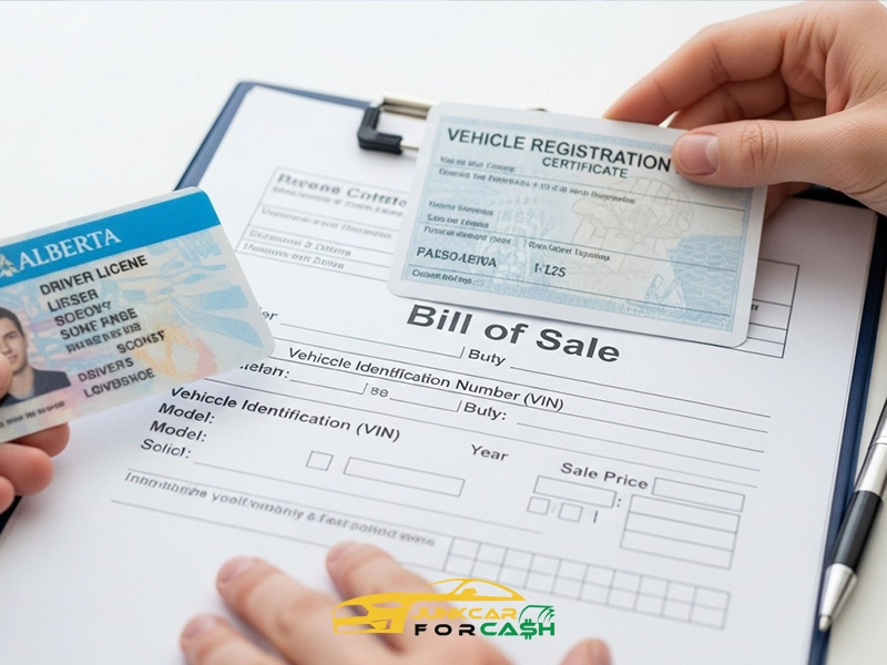 Close-up of two hands holding Alberta driver’s license and vehicle registration certificate above clipboard with partially filled “Bill of Sale” form; includes fields for VIN, year, make, model, sale price, and buyer/seller details, highlighting vehicle ownership transfer process.