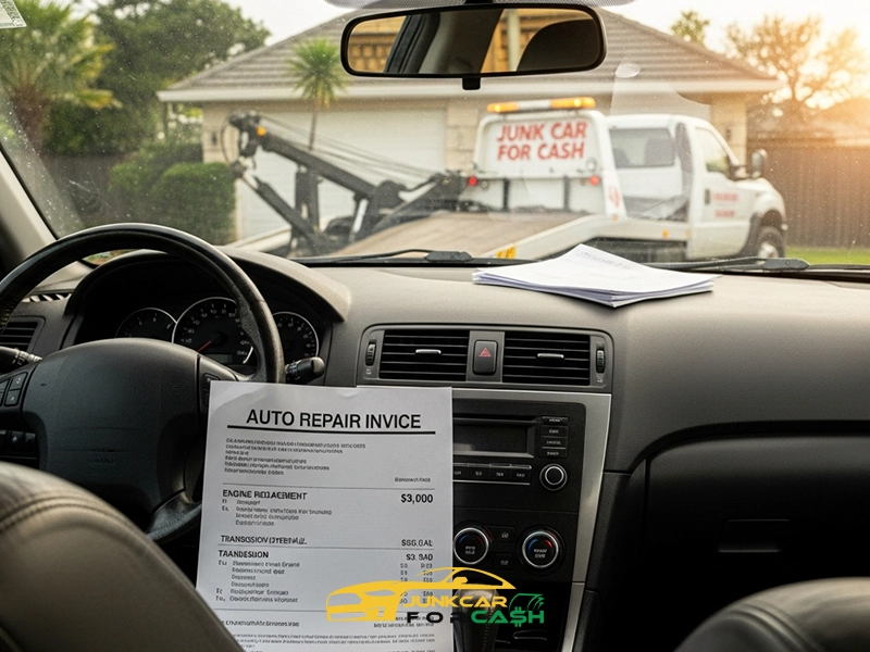 Interior view from driver’s seat showing dashboard with printed “AUTO REPAIR INVOICE” listing $4,100 in services including engine replacement and transmission overhaul; outside windshield, tow truck labeled “JUNK CAR FOR CASH” loads vehicle in suburban driveway, suggesting decision to scrap car after costly repairs.