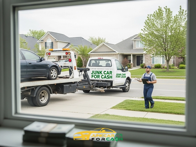 View through residential window showing tow truck loading dark-colored sedan with “JUNK CAR FOR CASH” signage; person in uniform walks on sidewalk with clipboard, while stacks of cash sit on interior windowsill, suggesting completed vehicle sale in suburban neighborhood.