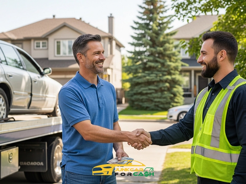 Two men shaking hands in suburban neighborhood beside tow truck carrying damaged silver car; man in blue polo shirt holds stack of cash, while man in safety vest smiles, suggesting completed transaction related to vehicle removal or sale.