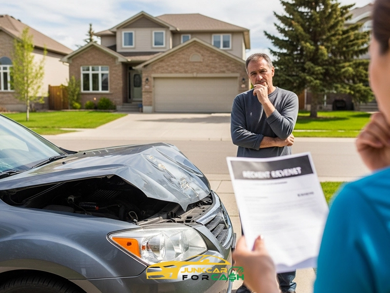Woman holding “ACCIDENT REPORT” document while examining damaged gray car with crumpled hood and shattered windshield; man in background stands on suburban sidewalk with hand on chin, observing scene in front of well-kept houses and green lawns.