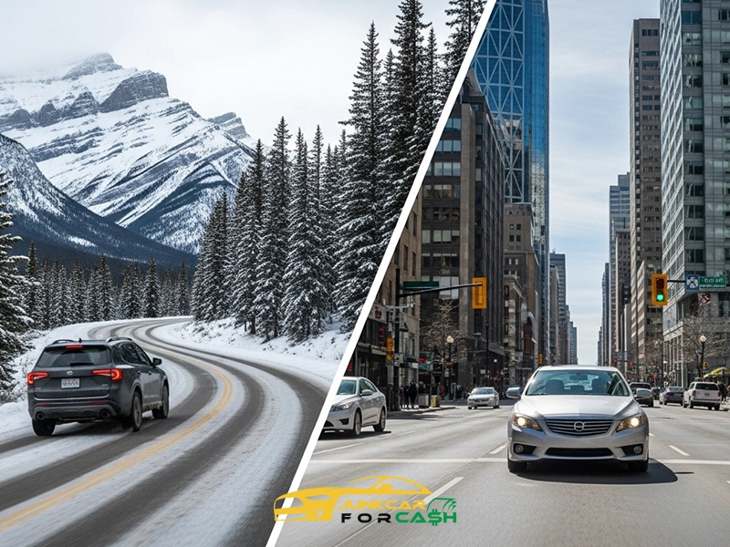 Split image contrasting driving environments: left side shows car navigating snowy mountain road lined with pine trees under overcast sky; right side features car driving through busy urban street flanked by tall modern buildings, traffic lights, and pedestrians.