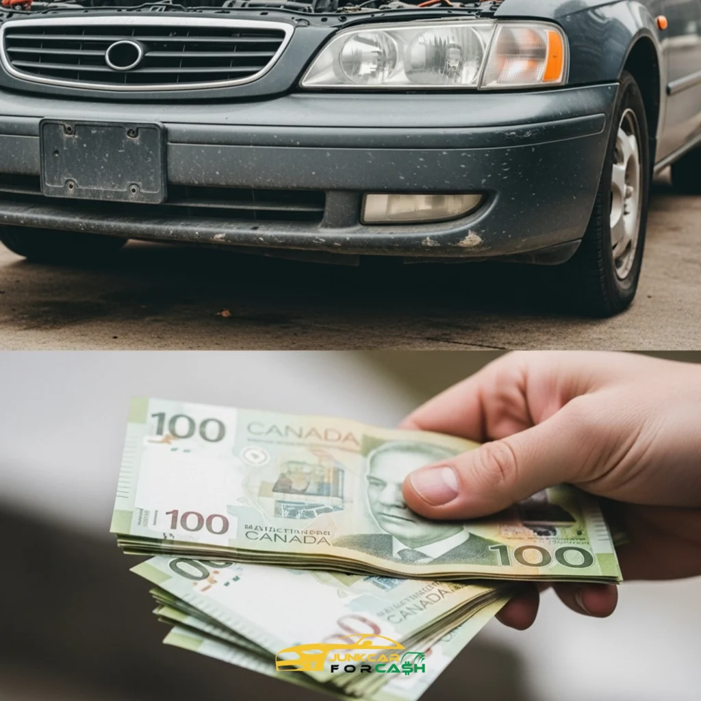 Composite image split diagonally: top half shows front of older car with hood open, worn bumper and blank license plate; bottom half features hand holding fanned stack of Canadian $100 bills, suggesting vehicle-related financial transaction.