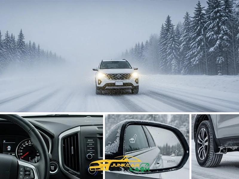 SUV driving through heavy snow with close-ups of heated mirror, dashboard, and winter tires, featuring Junk Car for Cash branding.