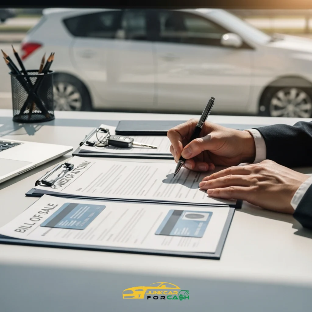 Person signing car sale documents at a desk with keys, clipboard, and a vehicle visible outside, branded with Junk Car for Cash.