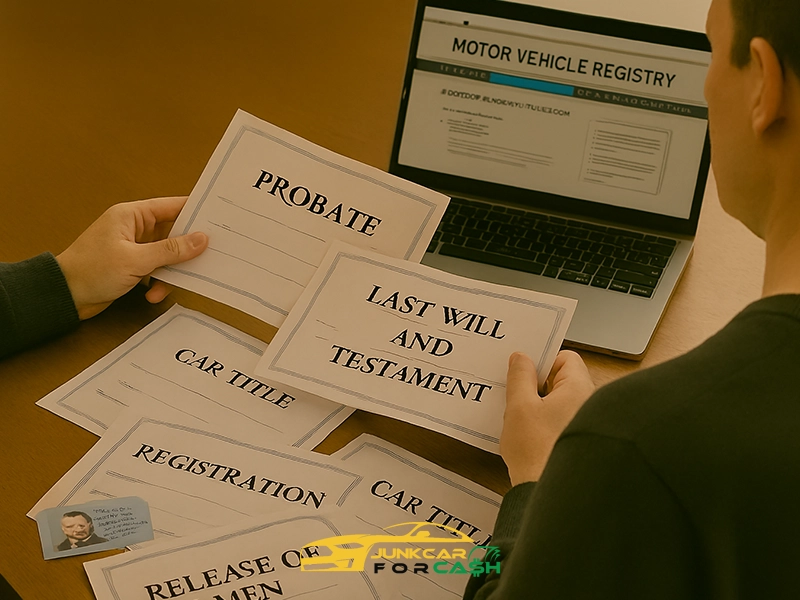 People reviewing documents like probate, will, car title, and registration at a table with a motor vehicle registry website open on a laptop.