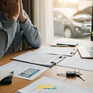 Stressed man sitting at a desk with car documents, ID, and keys, while a broken car sits outside with its hood open.