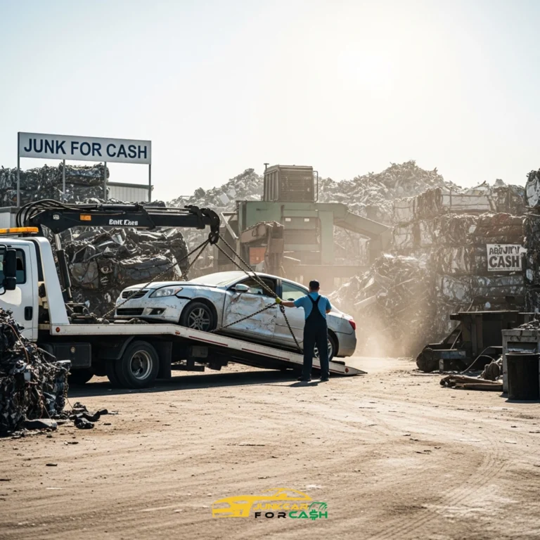 A damaged white car is being loaded onto a flatbed tow truck inside a scrapyard filled with large stacks of crushed metal. A worker in overalls is securing the vehicle with chains, while signs reading “JUNK FOR CASH” are visible in the background amid piles of scrap.