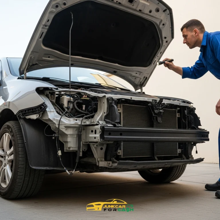 Mechanic inspecting a damaged car with the hood open and front bumper removed, checking engine components during a vehicle assessment.