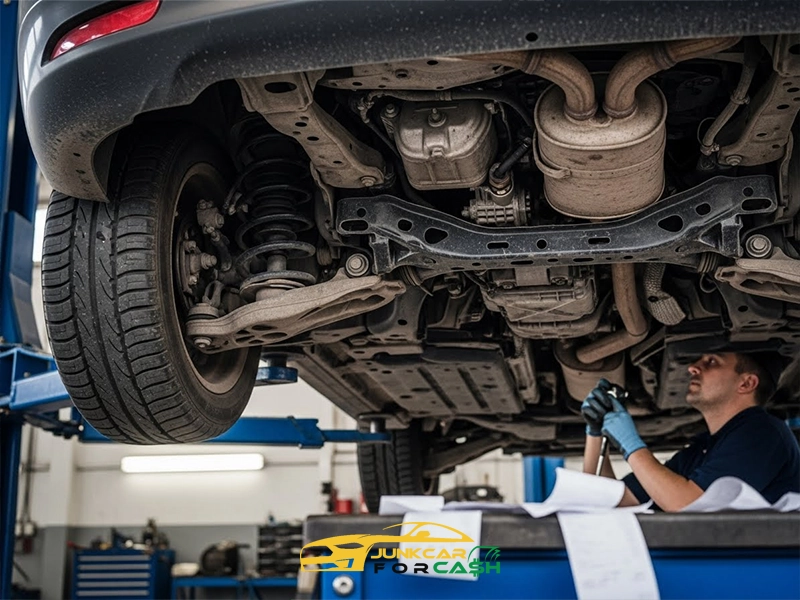 Mechanic inspecting the underside of a car raised on a lift, examining the exhaust, suspension, and drivetrain components in an auto repair shop.