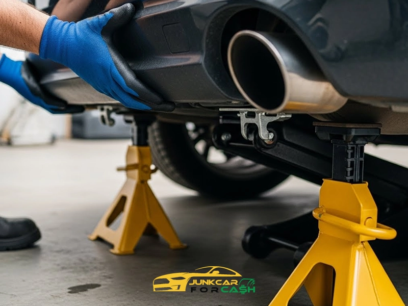 Mechanic with blue gloves working under a raised car supported by yellow jack stands, with a Junk Car for Cash logo visible.