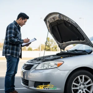 Man inspecting a car with the hood open while writing notes on a clipboard, assessing vehicle condition in a parking lot.