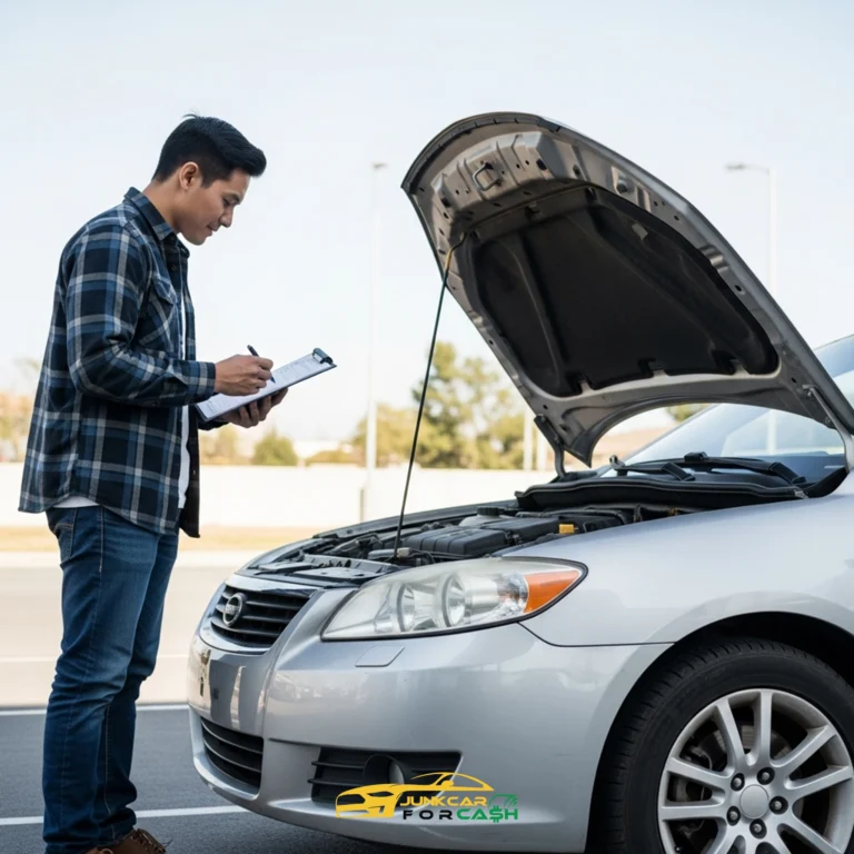 Man inspecting a car with the hood open while writing notes on a clipboard, assessing vehicle condition in a parking lot.