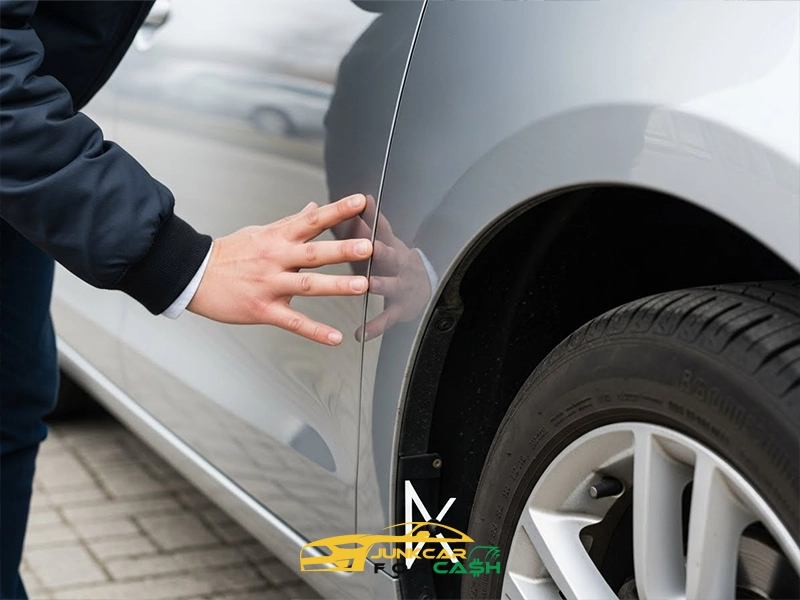 Person inspecting a car’s side panel and wheel area by hand, checking for dents or body damage near the wheel arch.