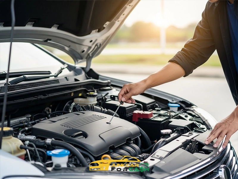 Person checking a car’s engine oil level with a dipstick under the open hood during a vehicle inspection.