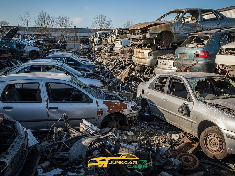 Crowded junkyard filled with stacked and damaged cars, showing rusted vehicles, missing parts, and piles of scrap metal awaiting recycling.