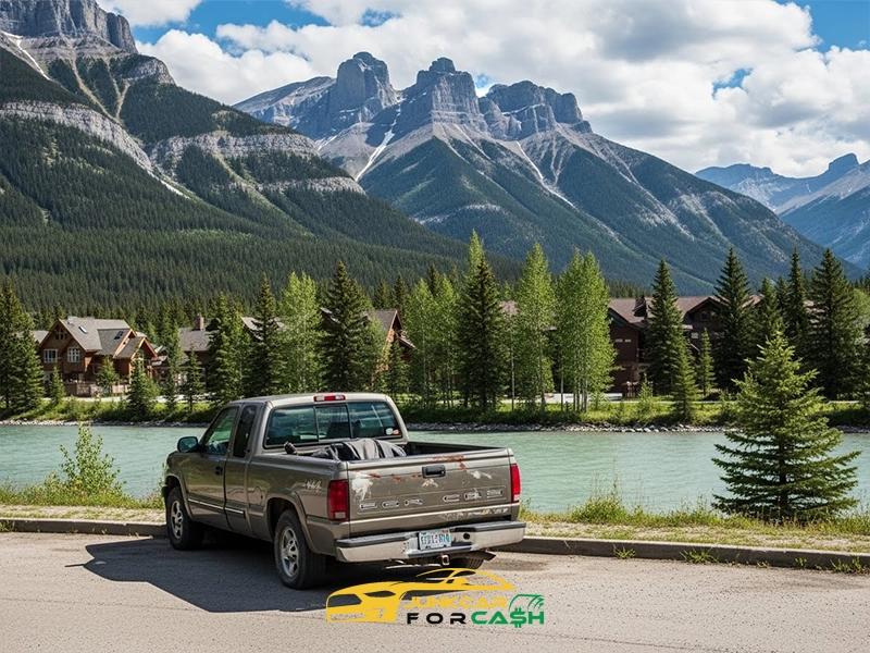 Pickup truck parked beside a turquoise river with pine trees, lakeside cabins, and dramatic rocky mountain peaks under a partly cloudy sky in the background.