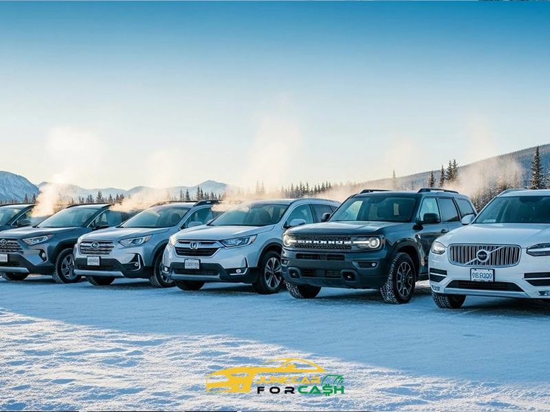 Row of SUVs idling in a snowy mountain lot with steam rising from engines, featuring Junk Car for Cash branding.