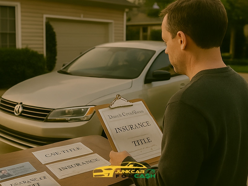 Man reviewing car title and insurance documents on a clipboard in front of a parked silver sedan.