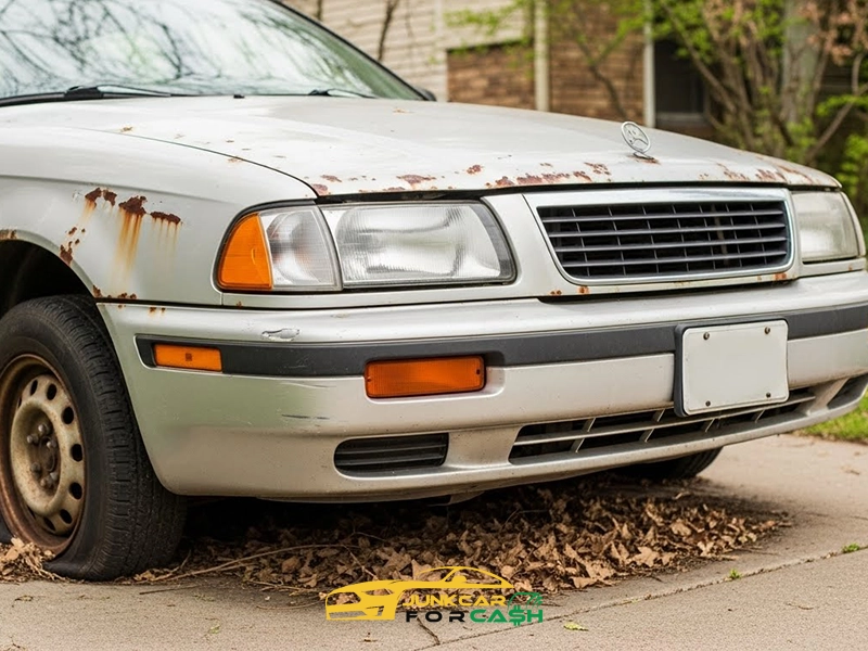 Old, rusted car with a flat tire parked on a driveway, surrounded by dried leaves.